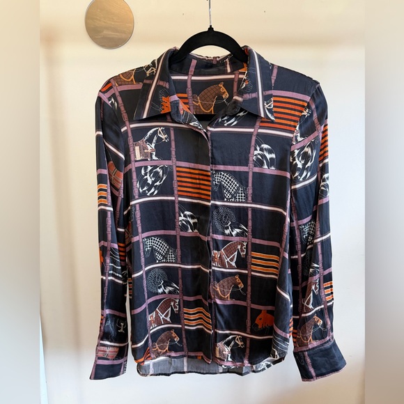 Tops - 100% Silk Equestrian Horse Print Blouse Size L